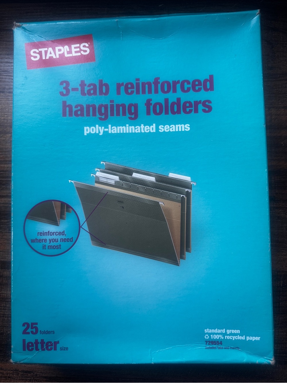 Staples 3-Tab Reinforced Hanging Folders Letter Size Standard Green 25 Pack New